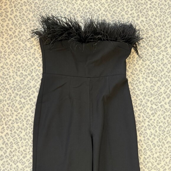 LIKELY DESI JUMPSUIT Black Ostrich Feather Trim NWT - Picture 5 of 12